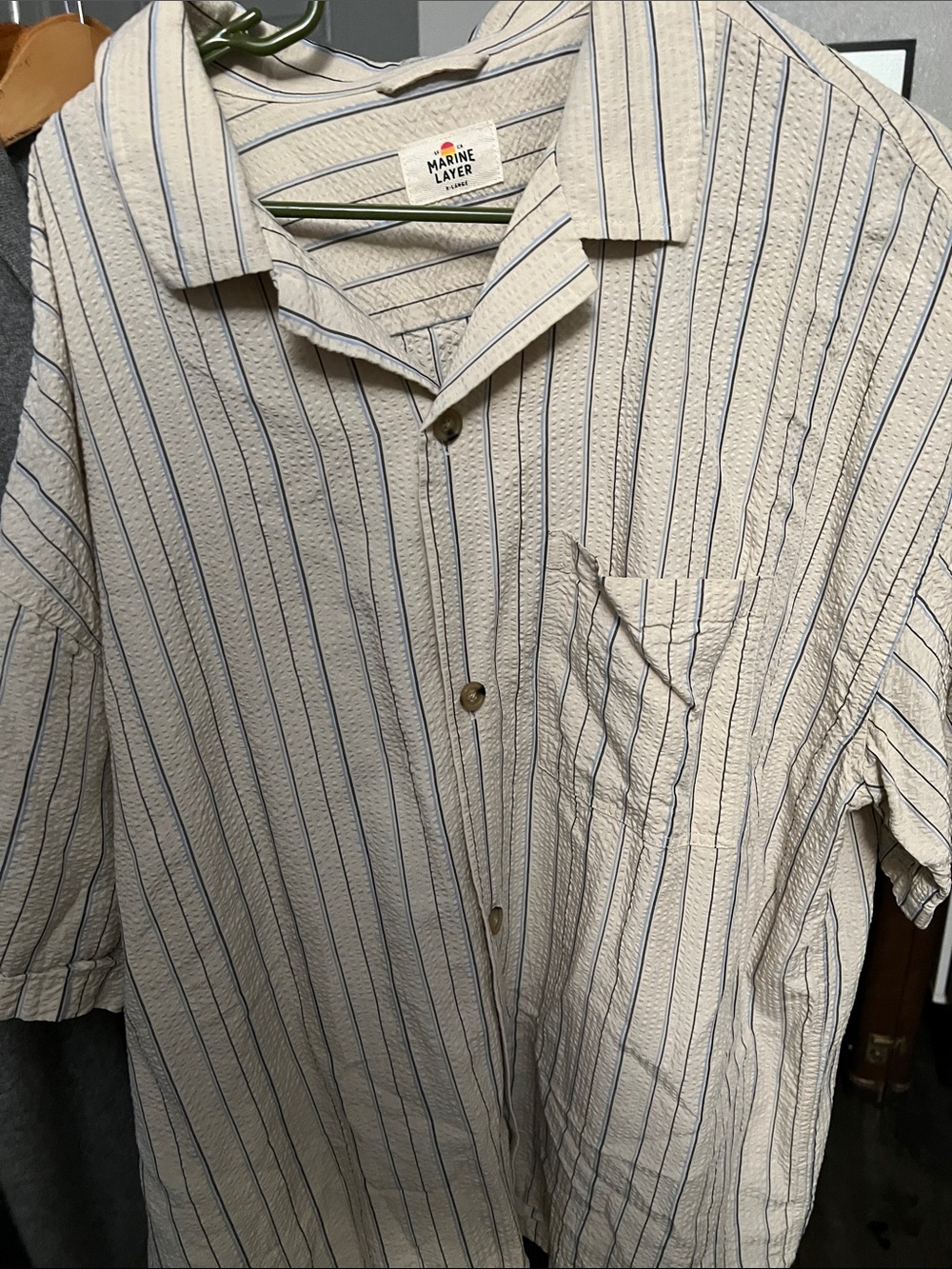 Marine Layer Cream Shirt with Blue Pinstripes